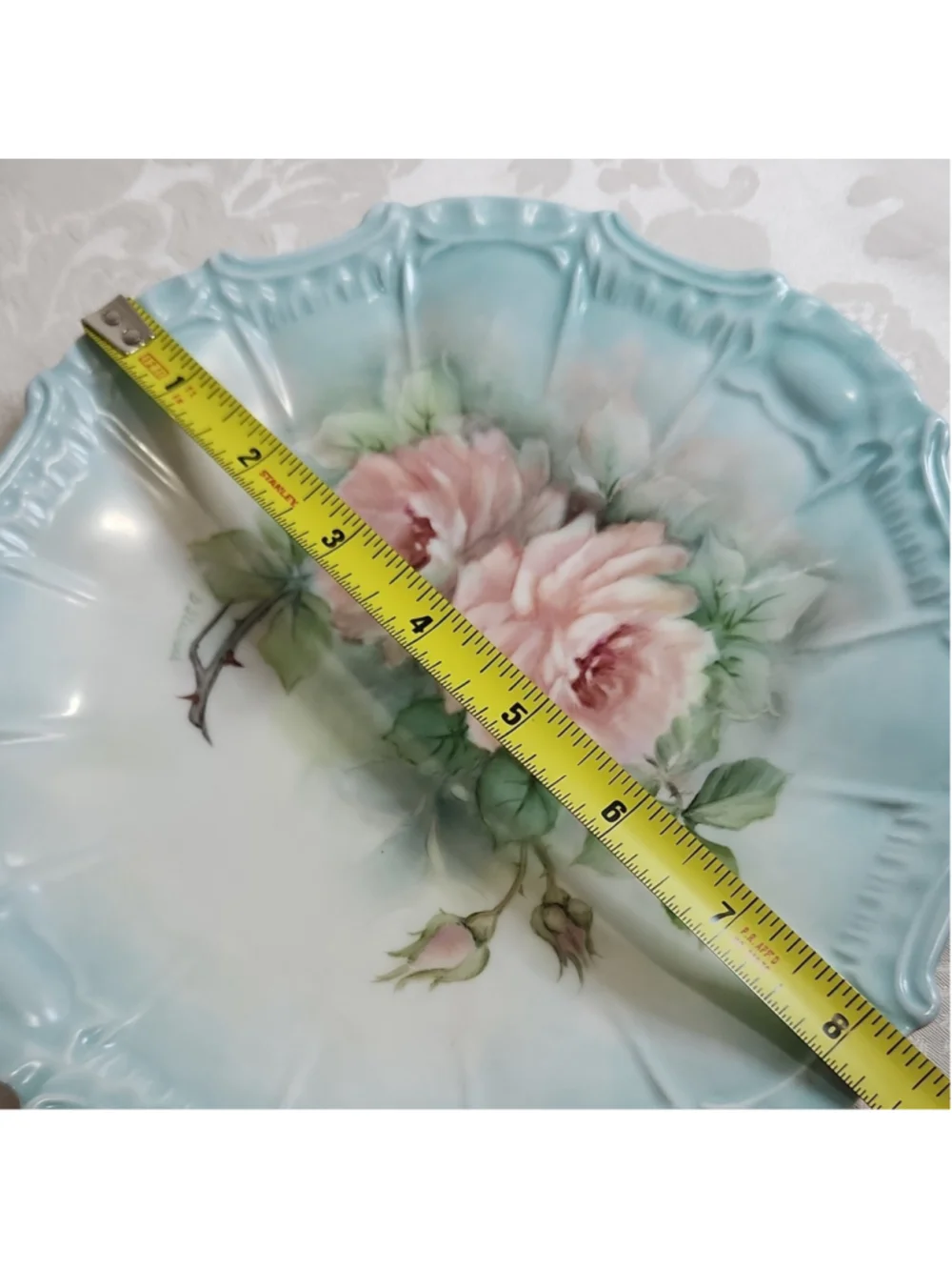 Vtg Hand Painted Porcelain Glenda Stewart Crawfordville GA Pink Roses Lt Blue